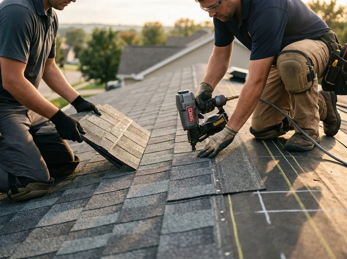 Professional roofer working on a residential roof in Xenia